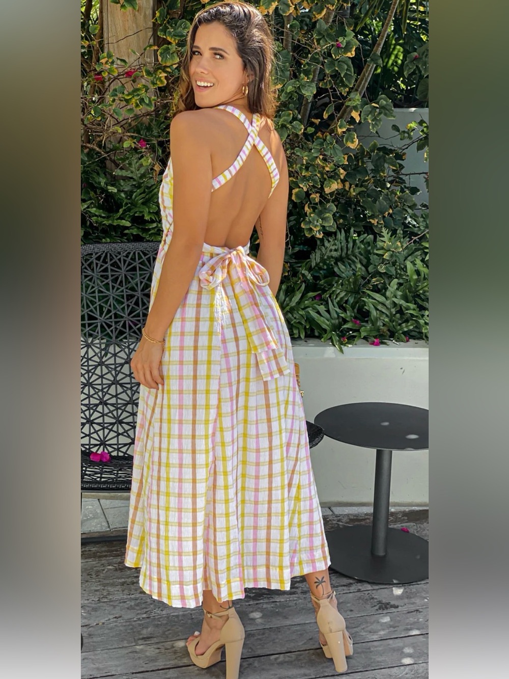 Mable Plaid Open Back Midi Dress Size Small Yellow Pink Cottagecore Sundress